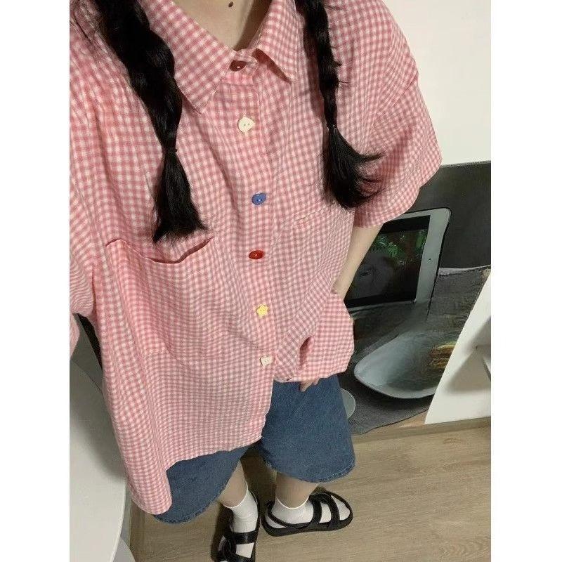 

Японская клетчатая рубашка с короткими рукавами, уникальный дизайн пуговиц, женские повседневные топы, корейская простая удобная женская одежда XXL розовый