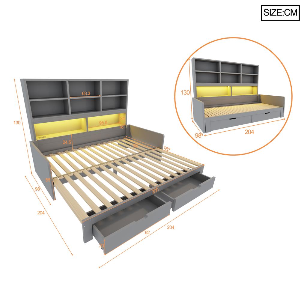Wooden Sofa Bed 90/180 x 200 cm, Pull-Out Bed, LED Lighting, Youth Bed Frame With Sockets, Open Storage Compartments and Drawers, Grey