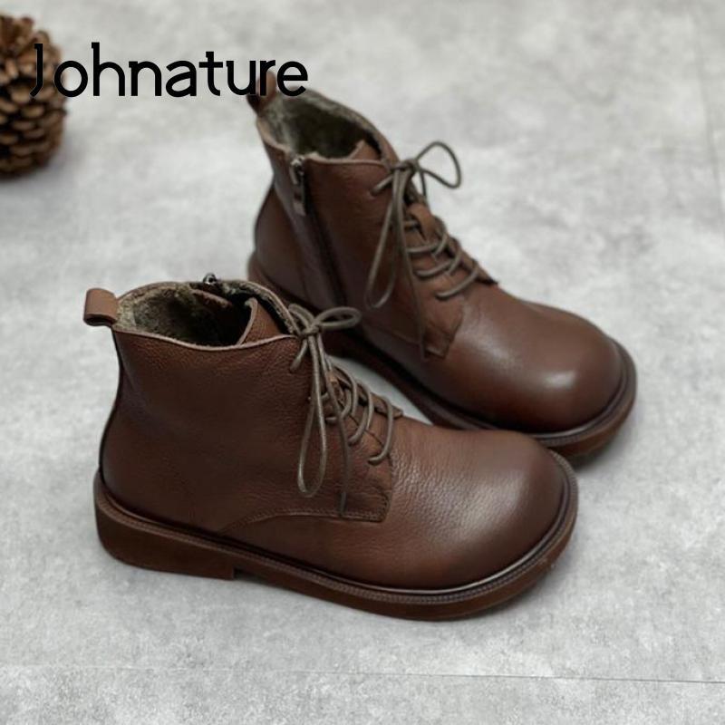 Johnature Enuine Eather Inter Oots Women Hoes Ip Ound Oe Lat With Andmade Leisure Sewing Nkle Ladies Boots