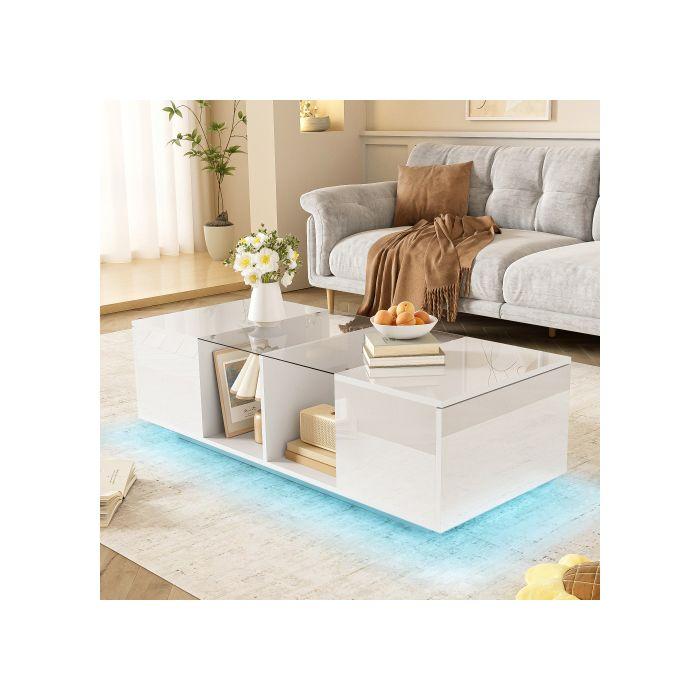 Modern Coffee Table - MUVOE - 120x50 Cm - LED Lighting - Glossy Top - Practical Storage