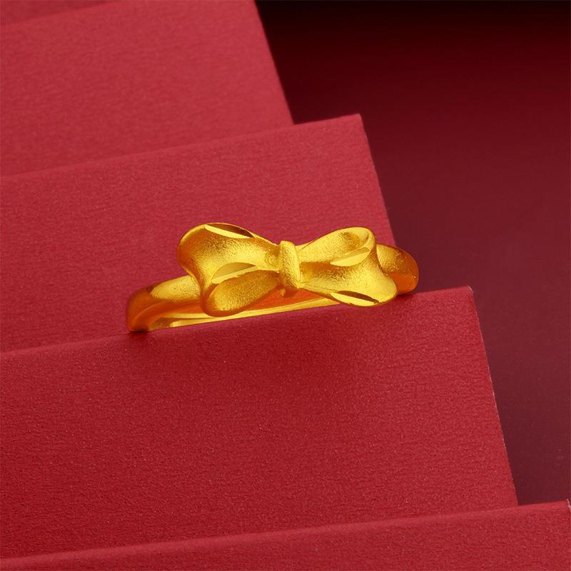 Gold Plated Peony Bow Ring for Women - Matte Brass Band Jewelry