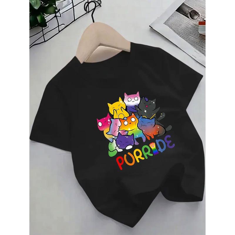 Европейские размеры Короткий рукав Футболка с милыми кошками и радугой| Модная, Удобная, Дышащая, Идеально подходит для повседневной носки, Повседневный стиль, 164cm чёрный