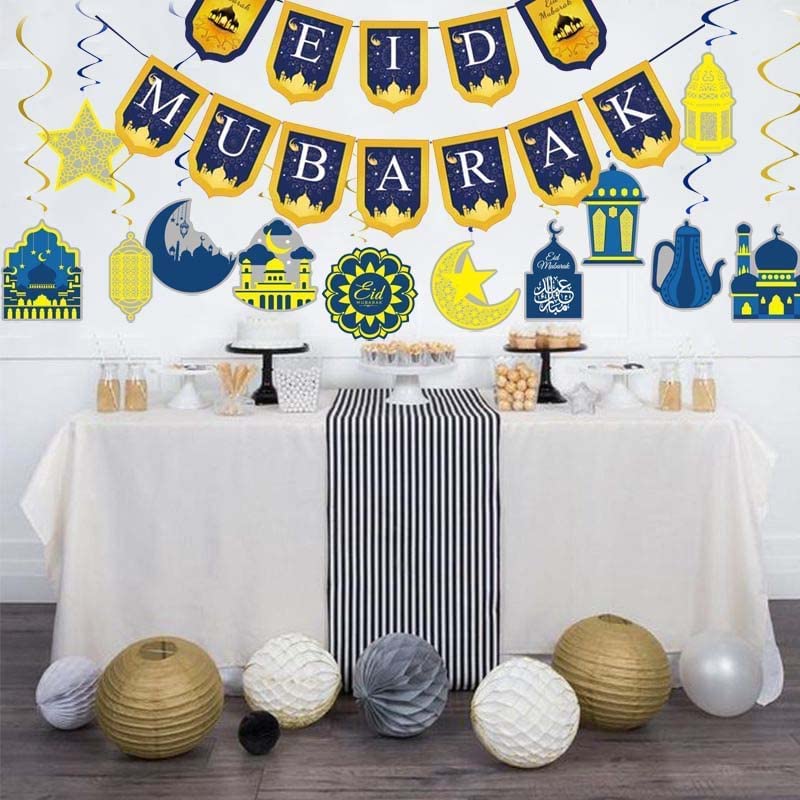 Baner Eid Mubarak Litery Księżyc Gwiazda Papierowe Girlandy Islamskie Muzułmańskie Ramadan Wiszące Ozdoby Materiały Dekoracyjne na Imprezę
