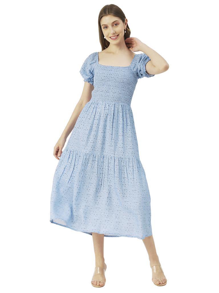 Moomaya Printed Viscose Rayon Summer Dress, Square Neck Smocked Long Dress