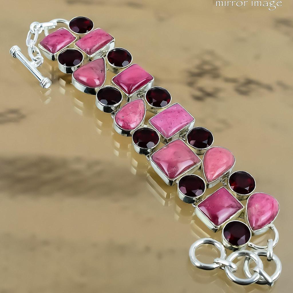 Natural Rhodonite Gemstone 925 Silver Chain Adjustable Bracelet For Girls
