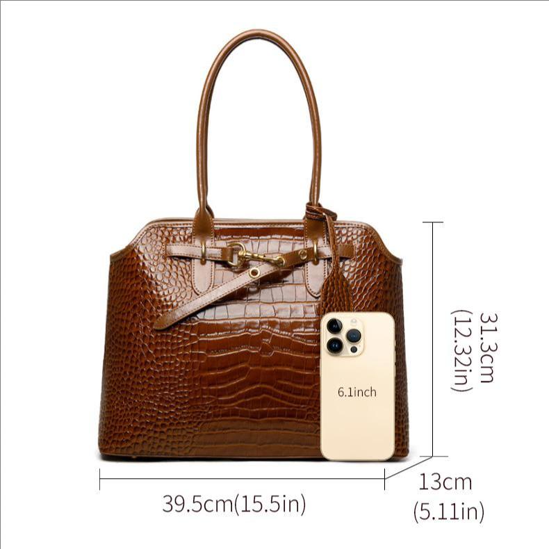 Elegant Brown Croco-Embossed Cowhide Tote Bag – Spacious & Stylish for Travel and Daily Use