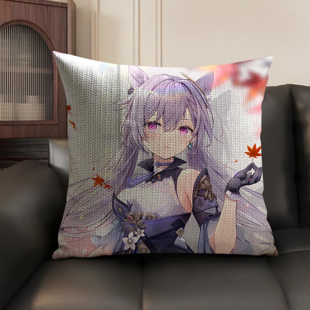 Keqing Genshin Impact Cushion Cover Natural Linen Organic Fabric Double-Sided Printing Sofa Home Decor Gift Pillow Case