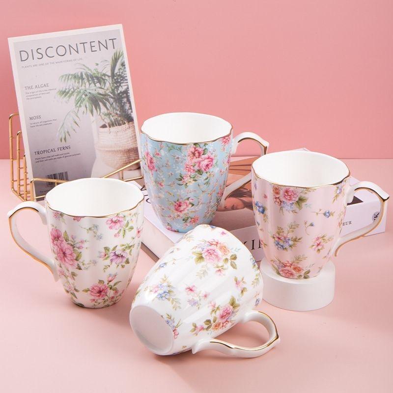 Bone China Coffee Mug – Gold Rim Floral Porcelain Cup for Tea, Milk & Home Office Use