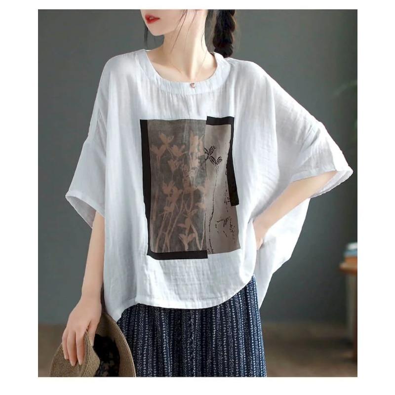 Linen T Shirt Women Art Vintage Print Loose Fashion Casual Short Sleeve Oversized Blouse Summer Trend Thin