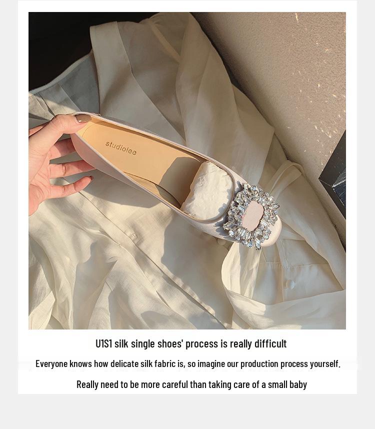 Elegant Spring & Autumn Rhinestone Buckle Square Toe Satin Flats for Women