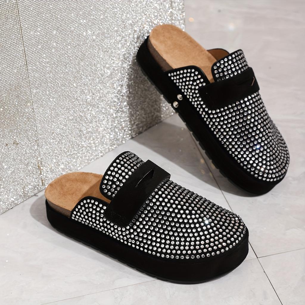 Women's Rhinestone-Embellished Slip-On Mule Sandals - 4cm Thick Cushioned Beach Slippers with Sparkling Rhinestone Strap, Round Toe & Soft Rubber Sole
