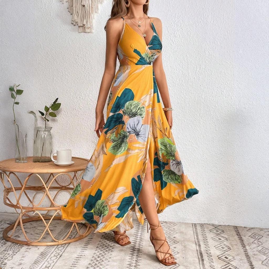 Damen Boho Tropischer Print Spaghettiträger Maxikleid mit hohem Schlitz V-Ausschnitt Lässiges Sommerkleid