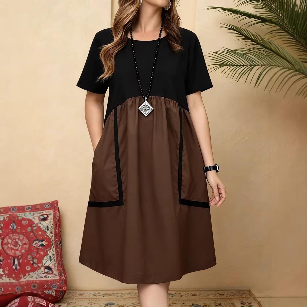 

Summer Color-blocked Short-sleeved Dress in Large Size with Loose Fit and Solid Color Design 4XL кавовий