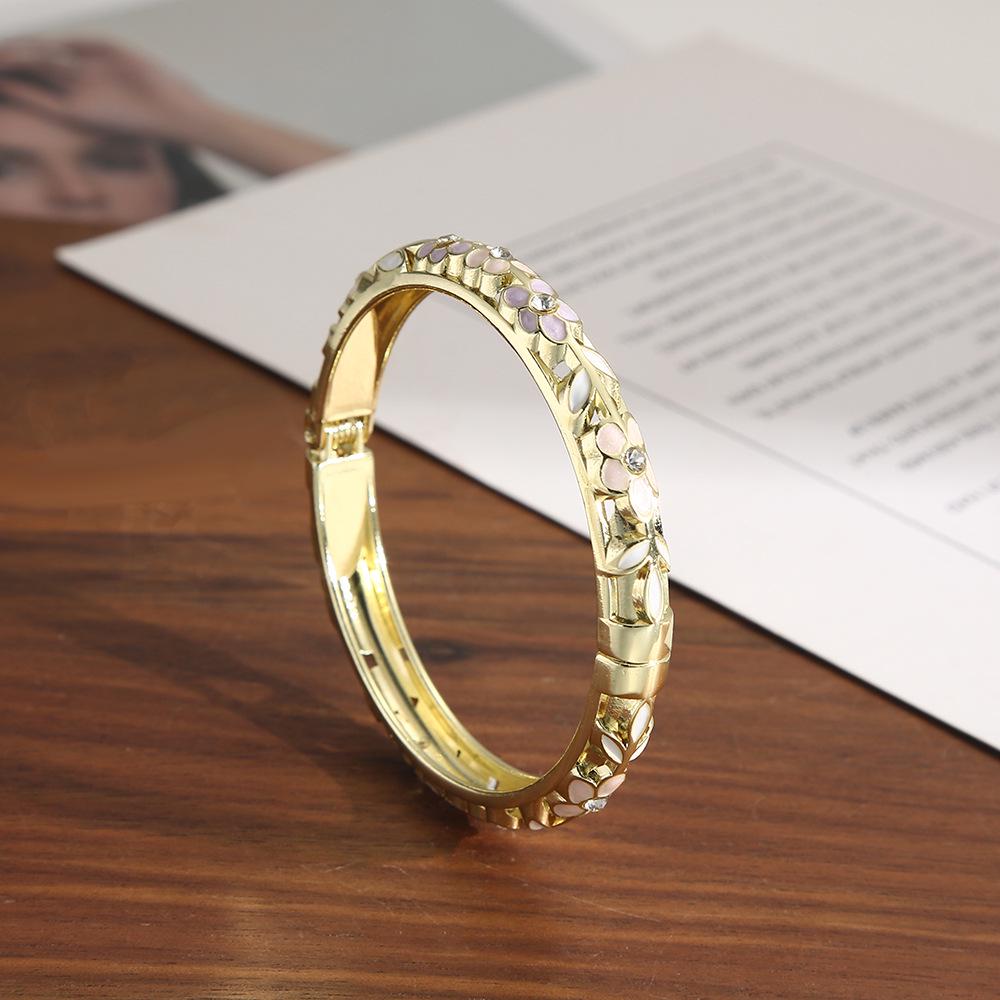 Retro Chinese Ethnic Style Enamel Bracelet with Floral Inlays and Artistic Open Design