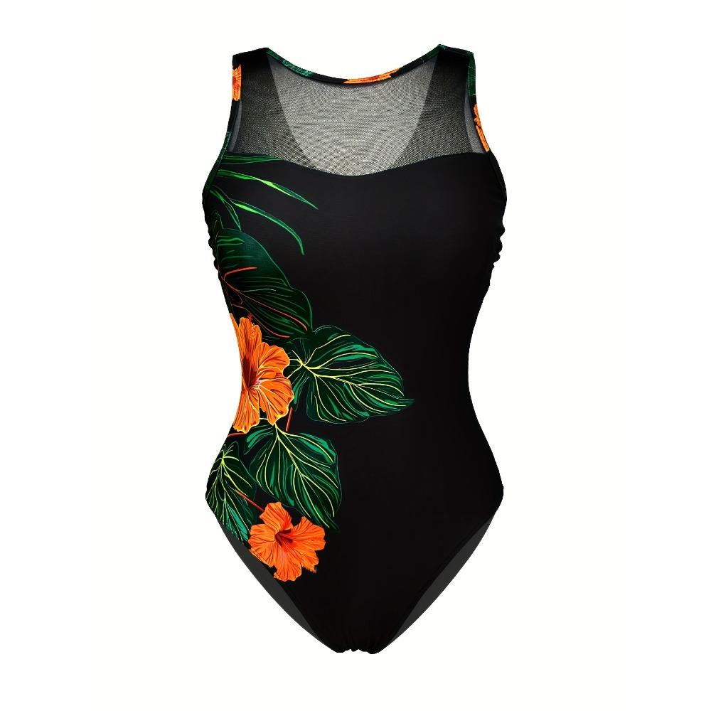 Fato de Banho Feminino de Cintura Alta | Estampa Floral Tropical Preta, Painel de Malha, Fato de Banho Casual Elegante, Construção de Qualidade Essenciais para as Férias