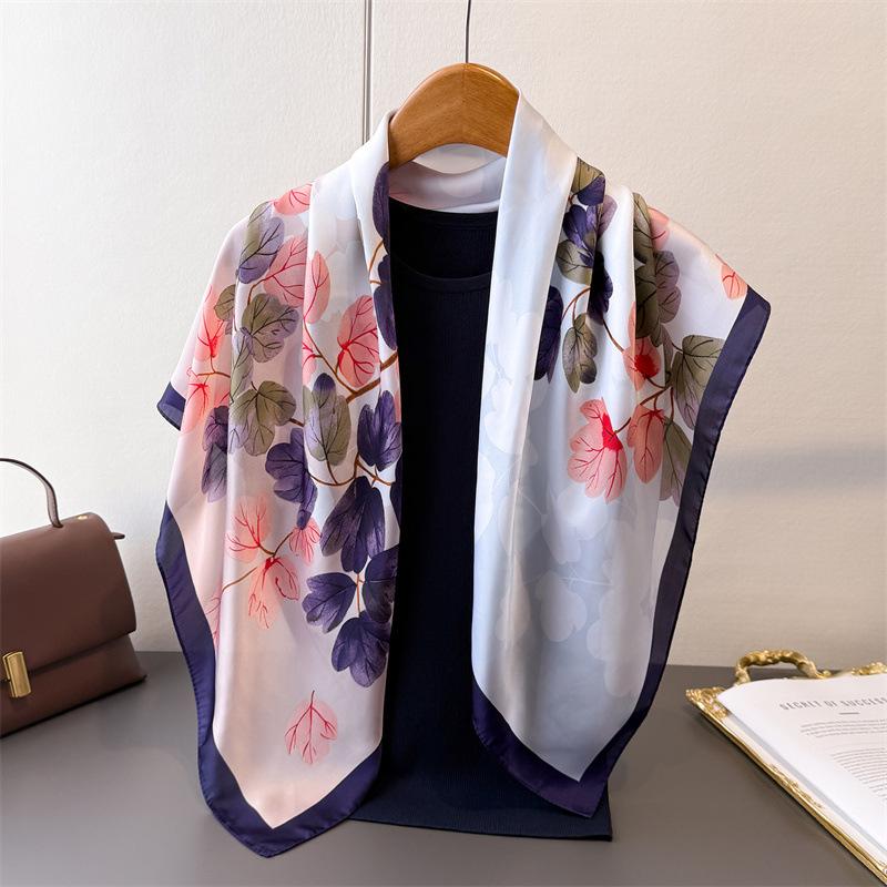 Korean Version of the New Simulated Silky Brocade Large Square Scarf Light Color Ye Yun Silk Scarf 91cm Printed Shawl Sunscreen Headscarf Women