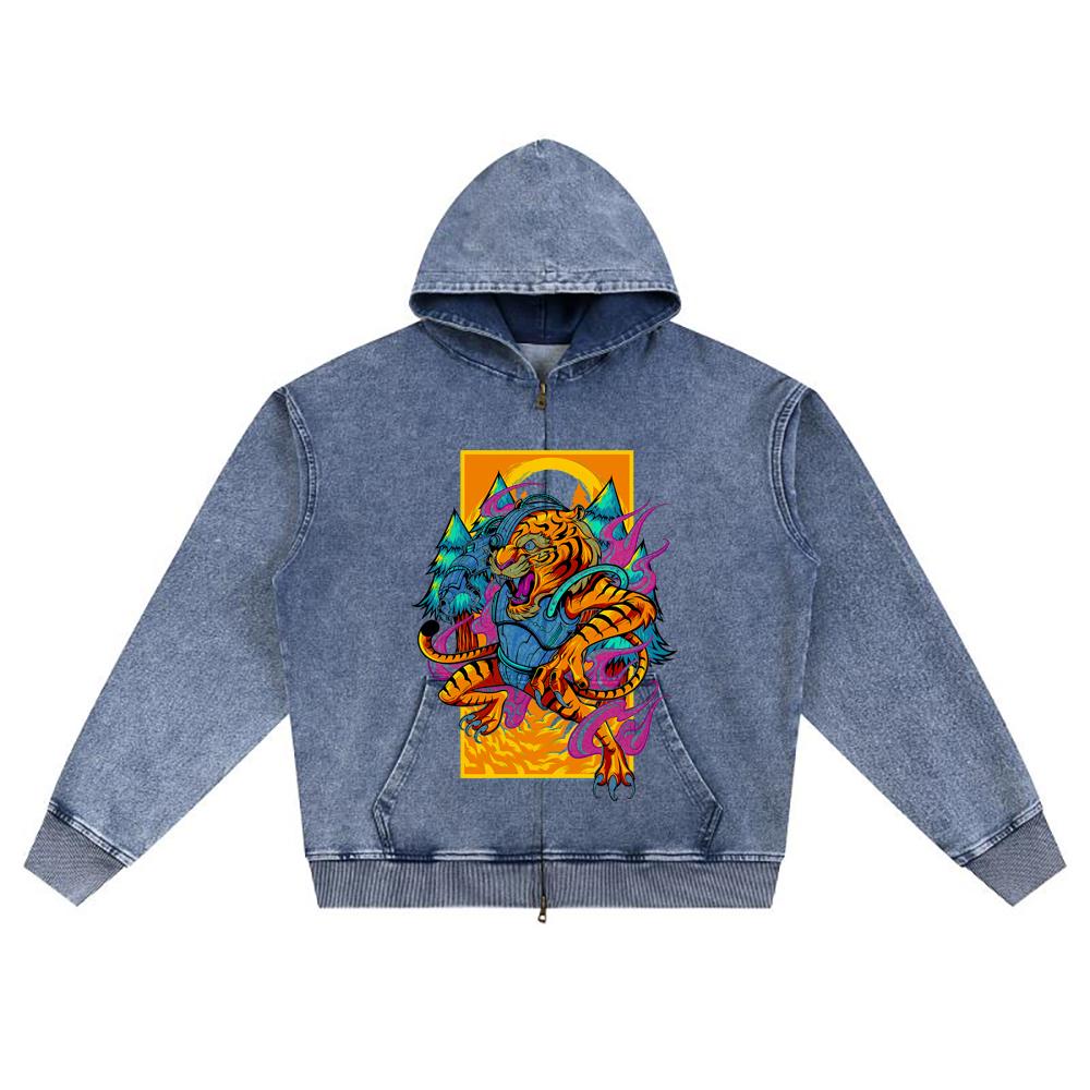 DTG Print Knitted Denim Zip-Up Hoodie Copy of Tigre Androide Brother Print Zipper Hoodies  