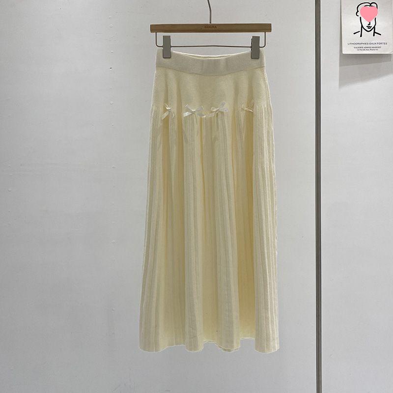 Korean Fashion High-Waisted Slimming Pleated Knit Skirt with Bow Detail