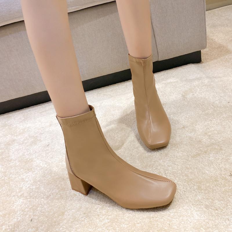 Women's Thick Heel Medium Heel Boots Women's 2025 New Winter Square Toe Back Zipper Increased Casual Short Boots