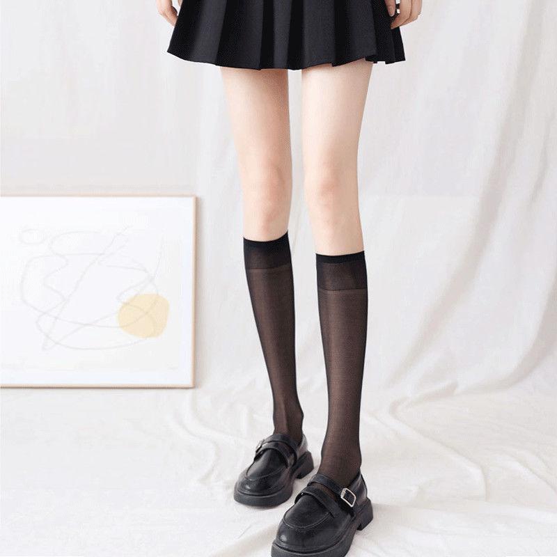 Ultra Thin Calf Socks for Women Long Tube Silk Stockings Summer Thin JK Knee High Socks White Sheer Half High Tube Socks Summer