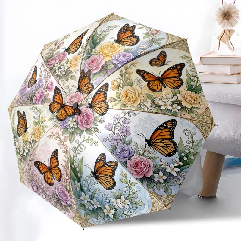 

1pc Sturdy 8-Bone Auto Umbrella, Floral Butterflies Umbrella, Digital Printed, Foldable Umbrella for On-the-Go Outdoor Use