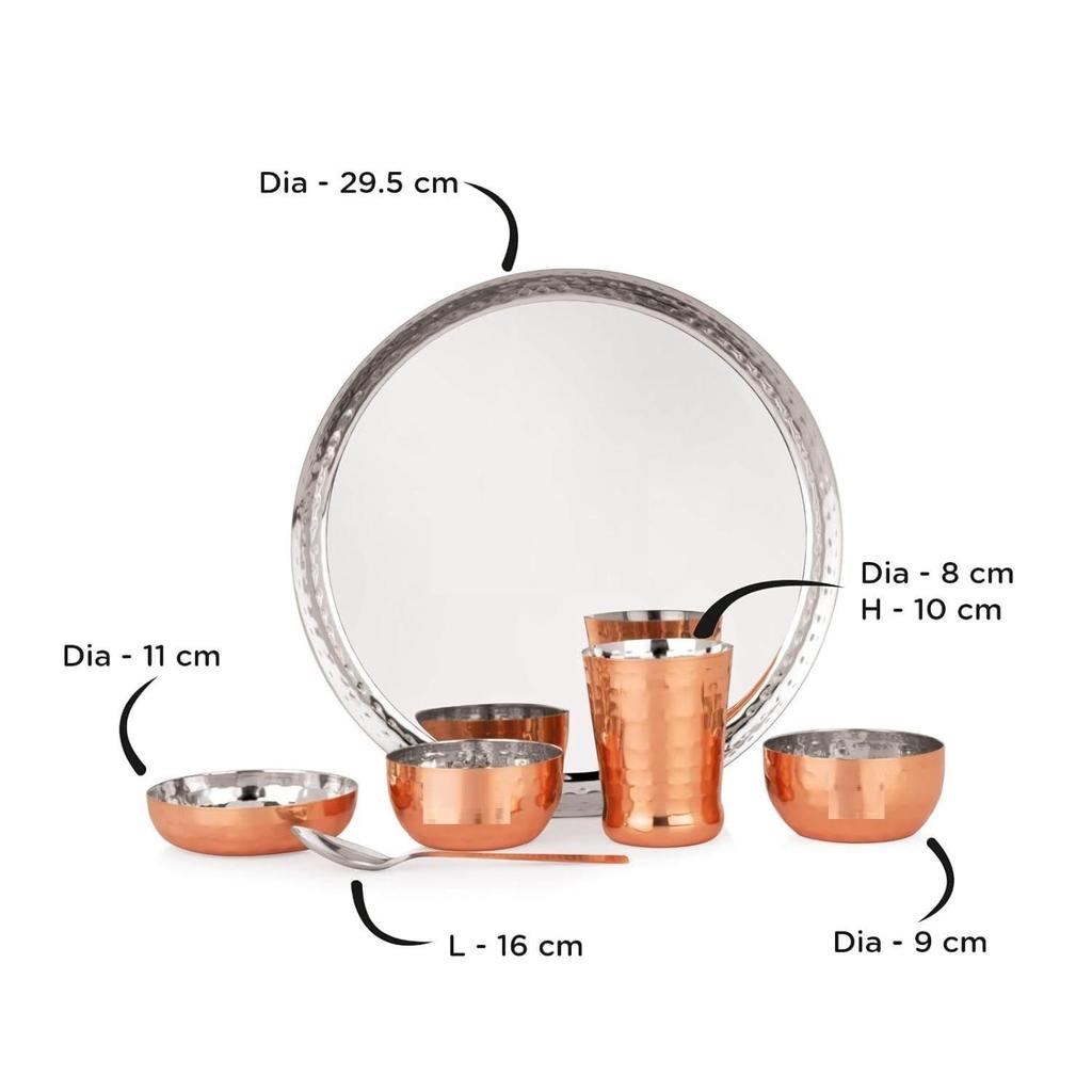 Round Copper Hammered Finish Dinner Sets Used for Home & Restaurant with 1 Thali, 2 Bowls, 1 Sweet Dish, 1 Glass & 1 Spoon-Set of 6