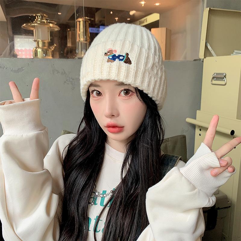 Cute dachshund wool hat women's autumn and winter warm ear protector head knitted hat big head circumference bag head cold hat