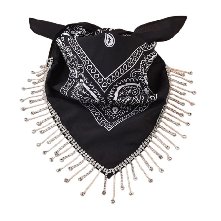 Cashew Flower Print Bandana for Adult Unisex Glittering Crystal Tassesls Head Scarf Neckerchief for Music Festival Party