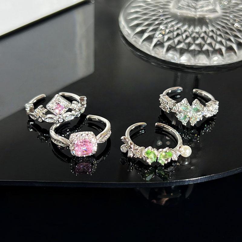 Forest-Inspired Pink Diamond Adjustable Ring with Butterfly and Four-Leaf Clover Design
