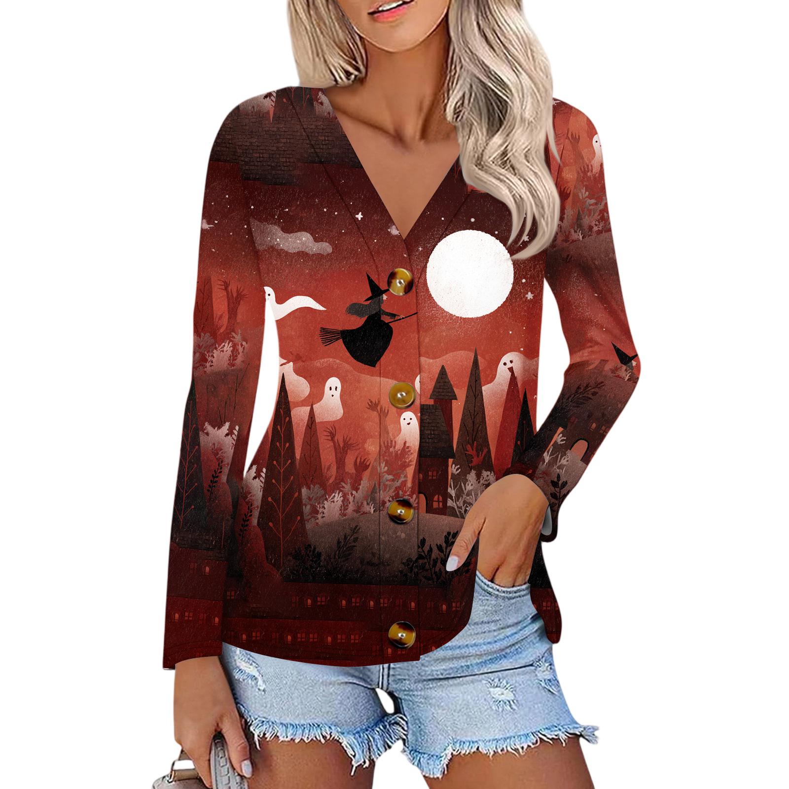 

Женская модная и повседневная рубашка на пуговицах с принтом на Хэллоуин, топ с длинными рукавами L винный