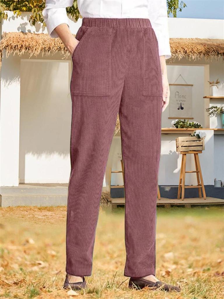 Autumn New Women's Clothing Solid Color Elastic Waist Corduroy Straight Leg Casual Pants (European Style)