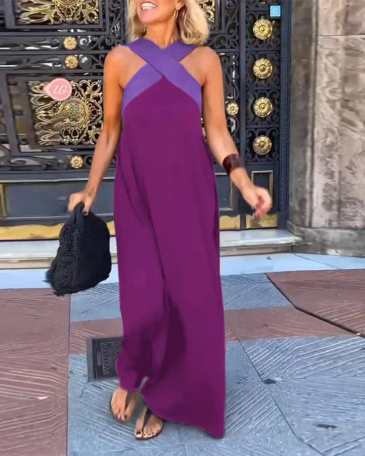 2026 Cross-Border European American Fashion Patchwork Strapless Halterneck Vacation Dress