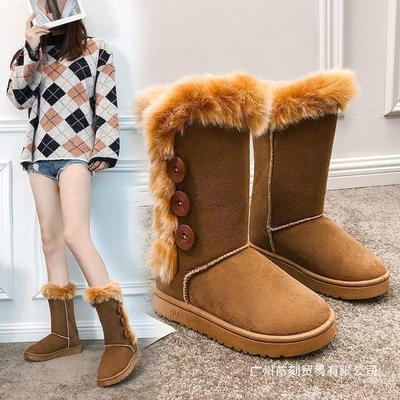 Snow Boots Women's Medium Boots Flat-bottomed Fluffy Cotton Boots Four-season Velvet Four-season Buckle Warm Medium Tube Cotton Shoes Women's Shoes