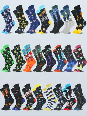 1 Pairs Fashion Mid Long Men'S Cotton Socks Hip Hop Harajuku Funny Socks Star Rocket Airship Astronaut Skateboard Happy Socks