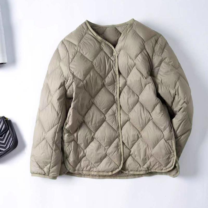 Premium light down jacket women's short light and thin liner autumn and winter round neck casual jacket rhombus jacket tide