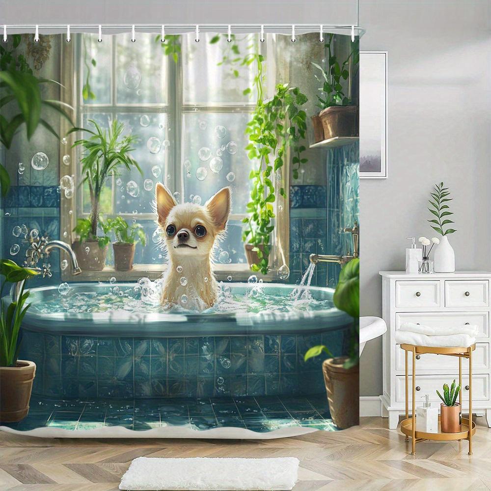 1pc Chihuahua Bathtub Shower Curtain - Cute Chihuahua in Turquoise Bathtub with Bubbles & Lush Greenery 90X180CM