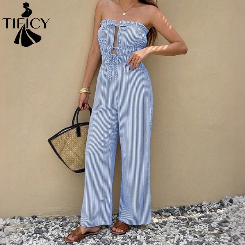 TIFICY Damenmode Lässig Sommer Frühling Streifendruck Ärmellos Hohe Taille Hosen Jumpsuits & Overalls