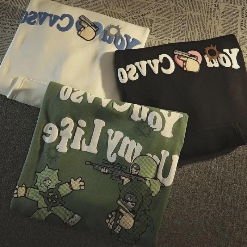 2024 American Retro Hip-Hop Women's Hooded Sweatshirt – European Style, Autumn/Winter, Velvet, High Street Trend.