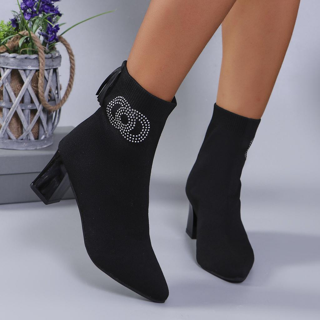 Large size pointed fashion short boots women's 2025 spring and autumn new knitted high heels women's boots thick heel thin elastic boots women