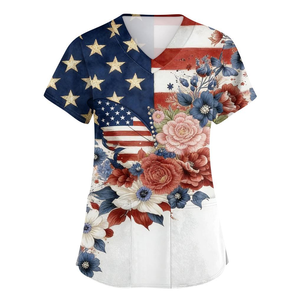 Damen Kurzarm Unabhängigkeitstag Aufdruck V-Ausschnitt Tasche Arbeitskleidung Oberteil