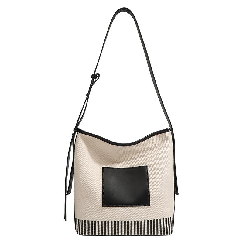 Small Canvas Splicing Large Capacity Bucket Bag Wide Shoulder Strap Fashion All-in-one Striped Shoulder Bag