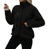 Damen Stehkragen Fleecejacke Knopfleiste Lässige Oberbekleidung Langarm Leichtes Sportliches Oberteil mit Tasche