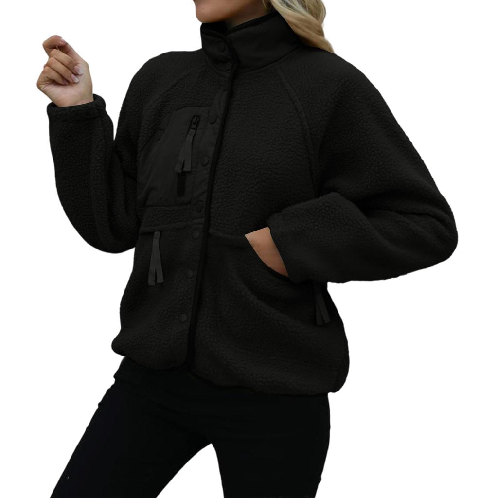 Damen Stehkragen Fleecejacke Knopfleiste Lässige Oberbekleidung Langarm Leichtes Sportliches Oberteil mit Tasche