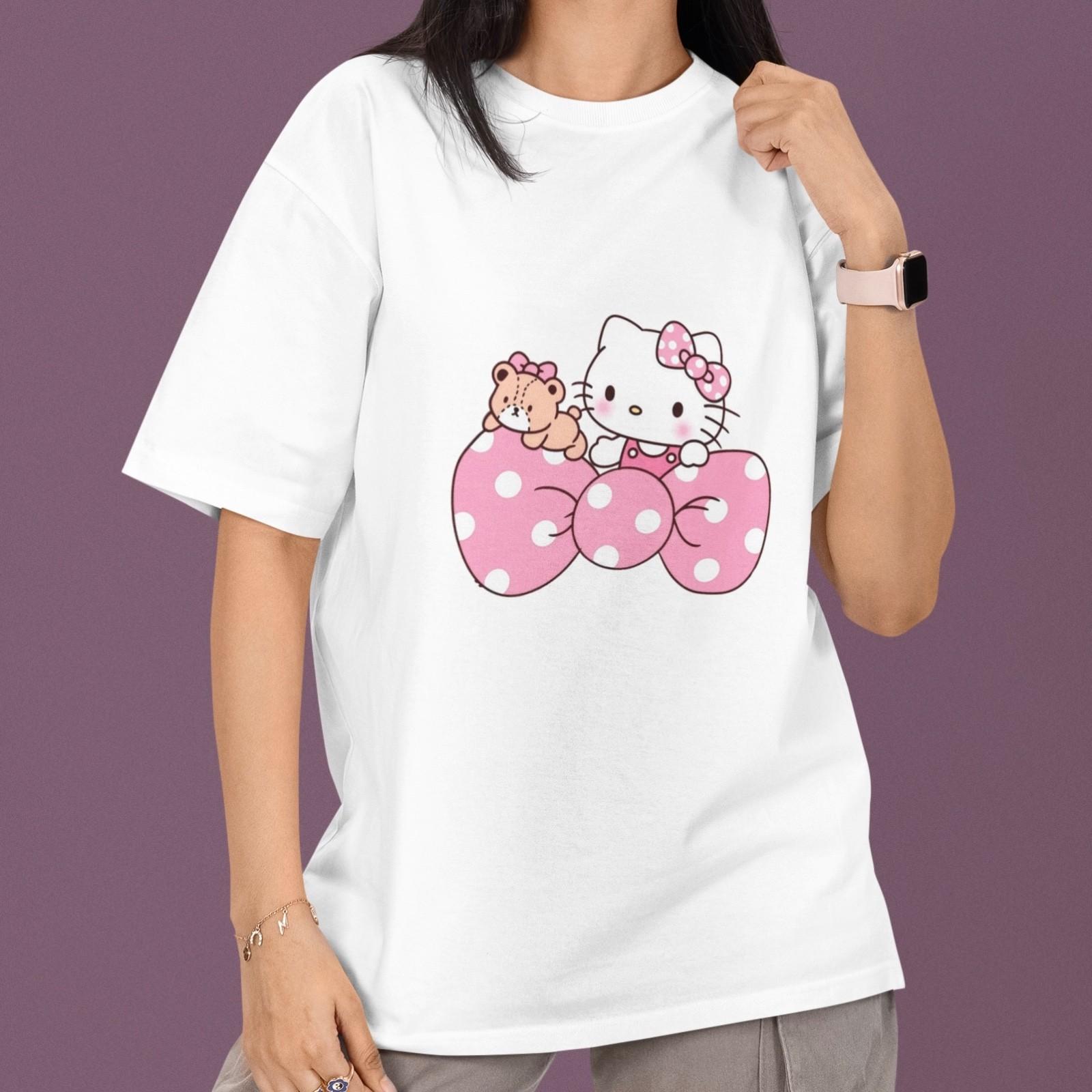 Hello Kitty Pink Bow Teddy Bear T-Shirt Cute Sanrio Graphic Tee Kawaii Cartoon L