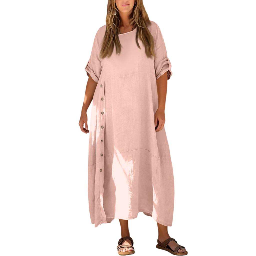 Women's Casual Loose Fit Short Sleeve Long Length Cotton Linen Split Dress
