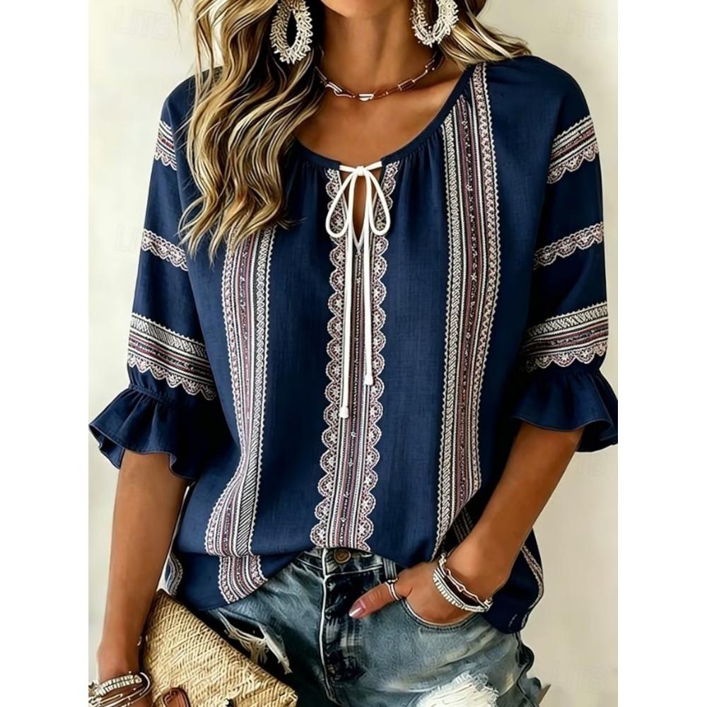 Women's Navy Geometric Lace Print Tie Neck Blouse, Casual Loose Tops for Spring Summer Daily Wear & Vacation Occasions