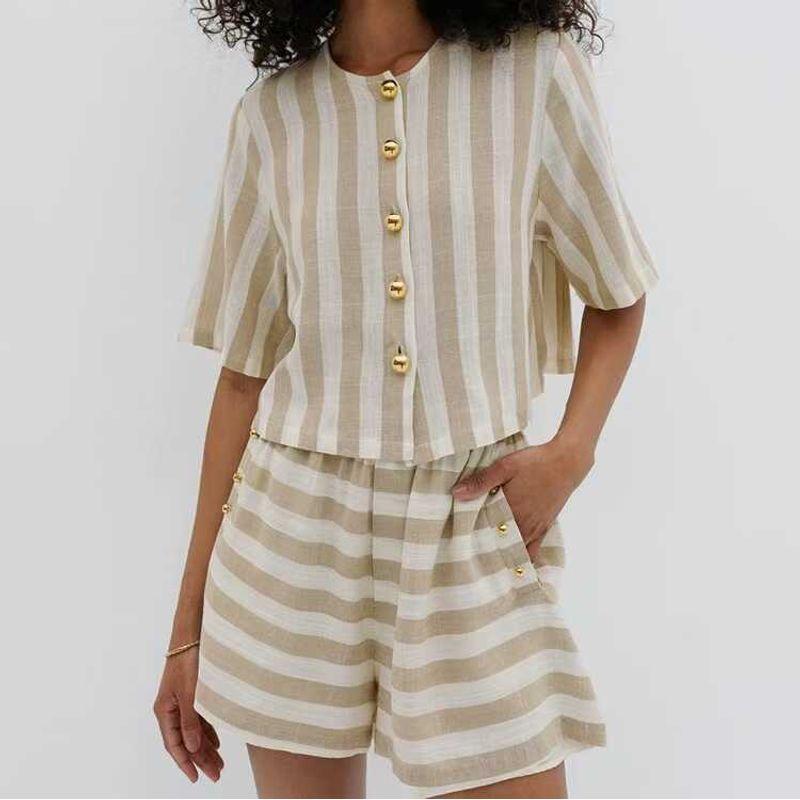 

Fashion Style Stylish Loose Short Sleeve Stripes Shirt Shorts Two-piece Set Striped Shirt Shorts Set Apricot color L