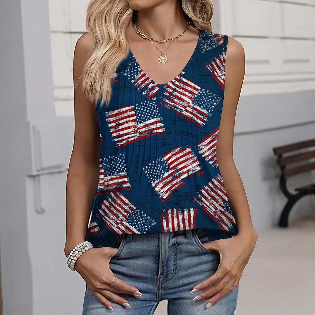Women's Fashion Casual American Independence Day Flag and Stars Print V-Neck Ruffled Sleeveless T-Shirt Top