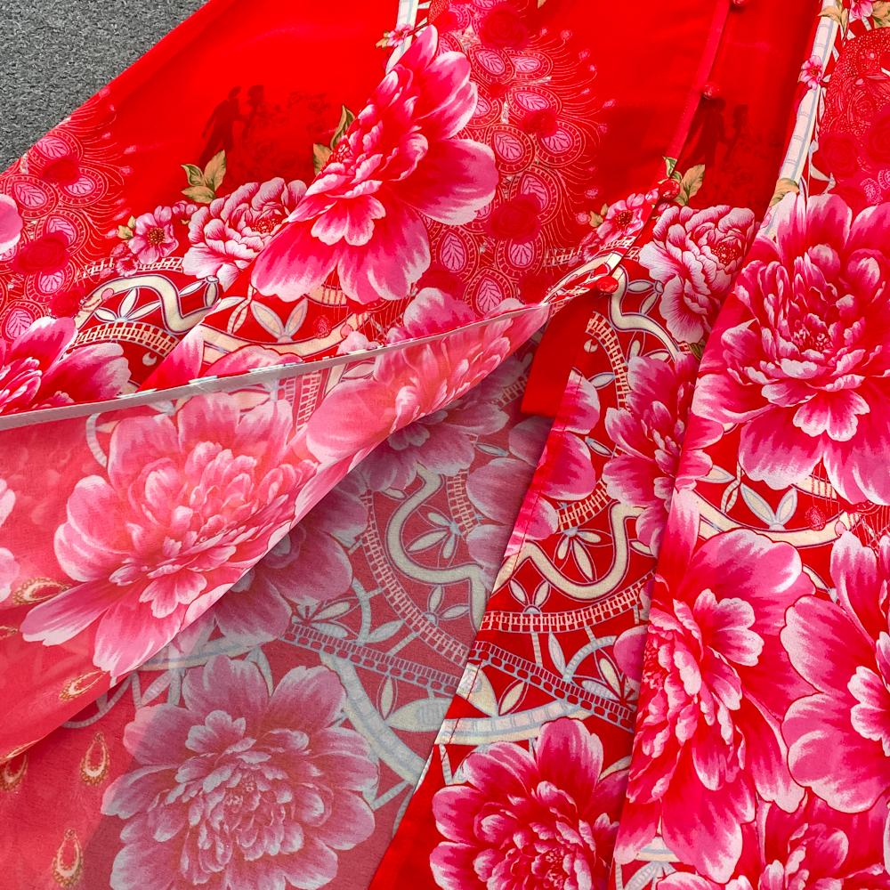 Fashion Runway Print Summer Dresses For Women Deep V Neck Flying Sleeve Single Breasted Split Long Pleated Chiffon Dresses