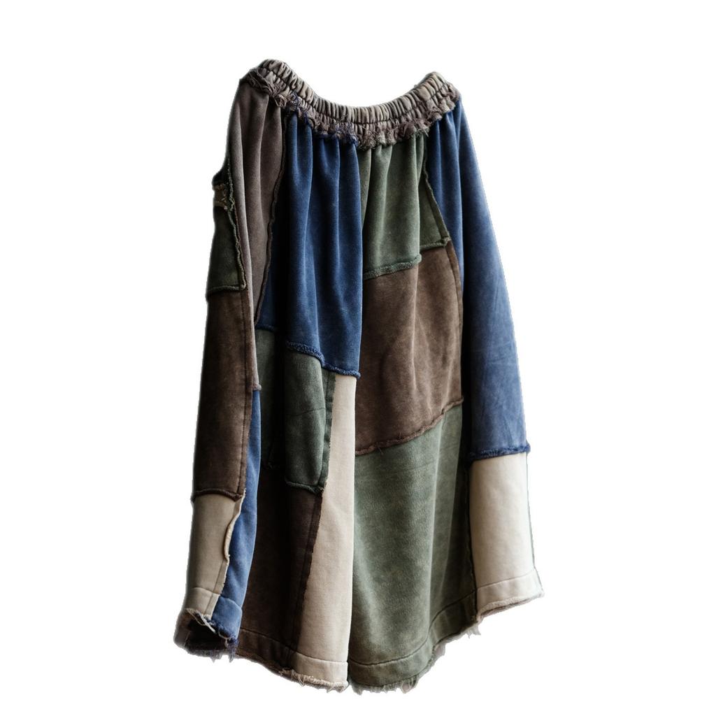 Johnature Women Vintage Knitted Wide Leg Pants Spring Chinese Style Patchwork Color Loose Casual Soft Pants